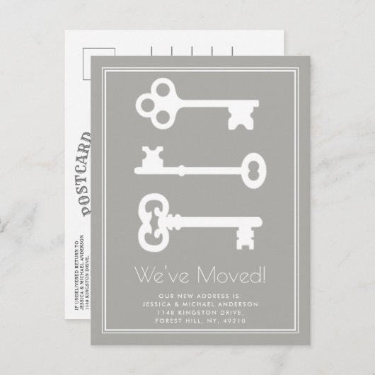 Eenvoudige Wit Grijs Minimale Sleutel Verhuisaanko Aankondigingskaart (Voorkant / Achterkant)