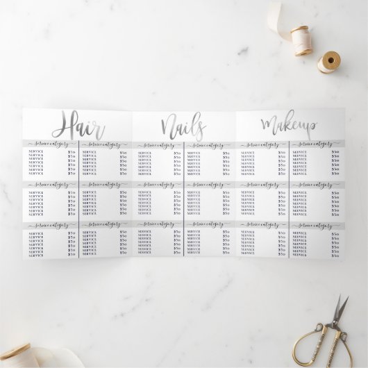 Eenvoudige Wit Zilveren Logo Salon Spa prijslijst Drieluik Uitnodiging (Binnen)