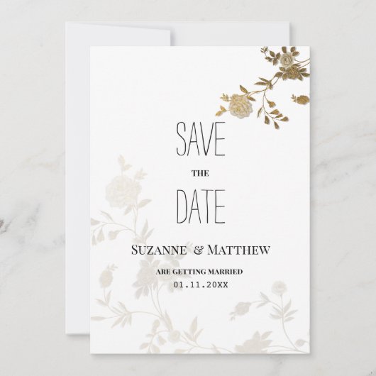 Eenvoudige witgouden glitter bloemen Save the Date Kaart (Voorkant)