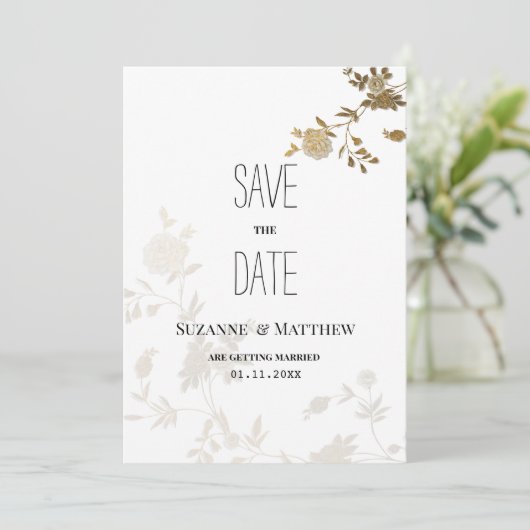Eenvoudige witgouden glitter bloemen Save the Date Kaart (Staand voorkant)