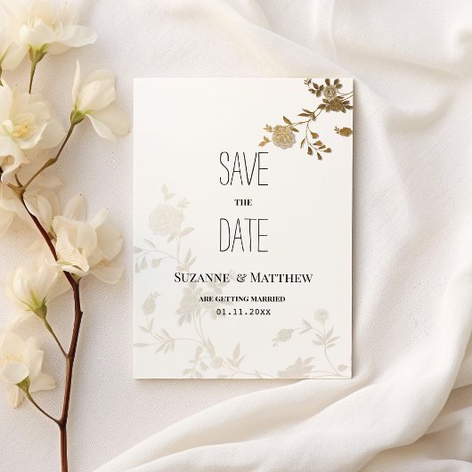 Eenvoudige witgouden glitter bloemen Save the Date Kaart