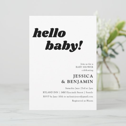 Eenvoudige witte achtergrond Hallo Baby shower Kaart (Staand voorkant)