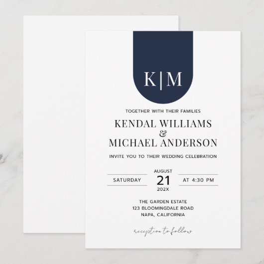 Eenvoudige witte blauwe elegante monogram bruiloft kaart (Voorkant / Achterkant)
