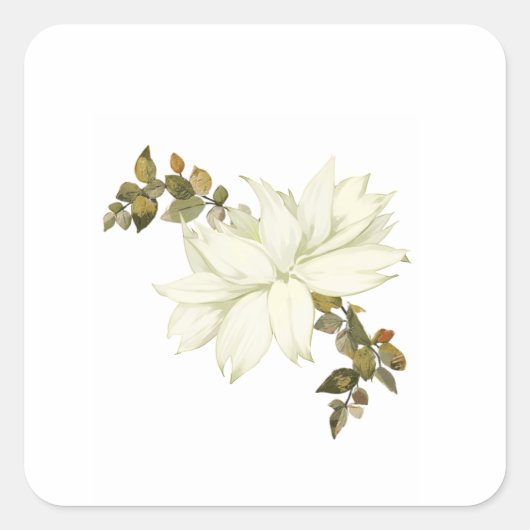 Eenvoudige Witte Bloem en Blad Vierkante Sticker (Voorkant)