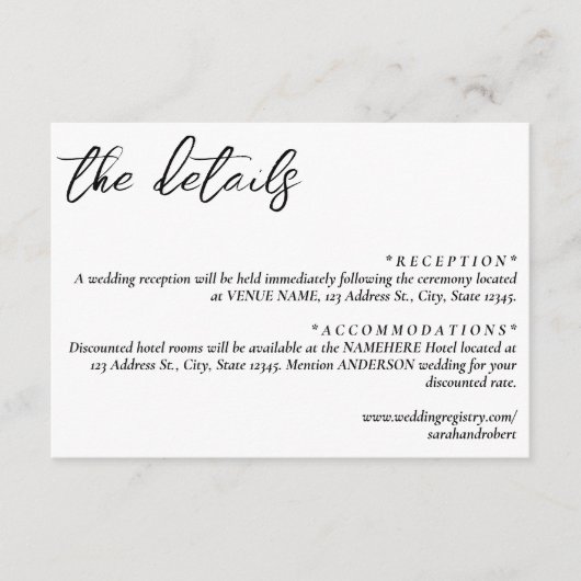 Eenvoudige witte bruiloft details informatiekaartje (Voorkant)