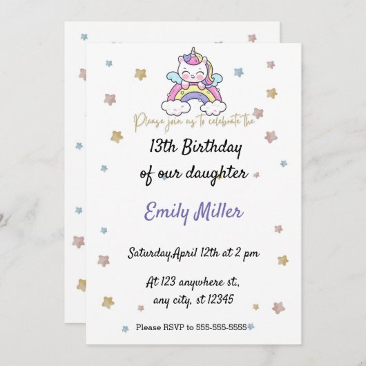 Eenvoudige Witte Eenhoorn 13e verjaardag uitnodige Save The Date (Voorkant / Achterkant)