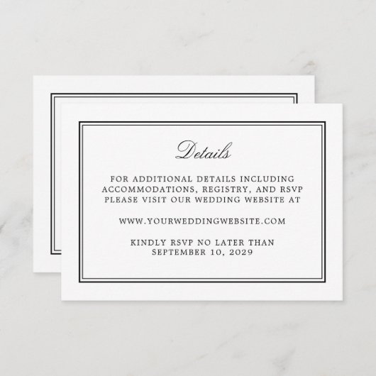 Eenvoudige witte elegante bruiloft details informatiekaartje (Voorkant / Achterkant)