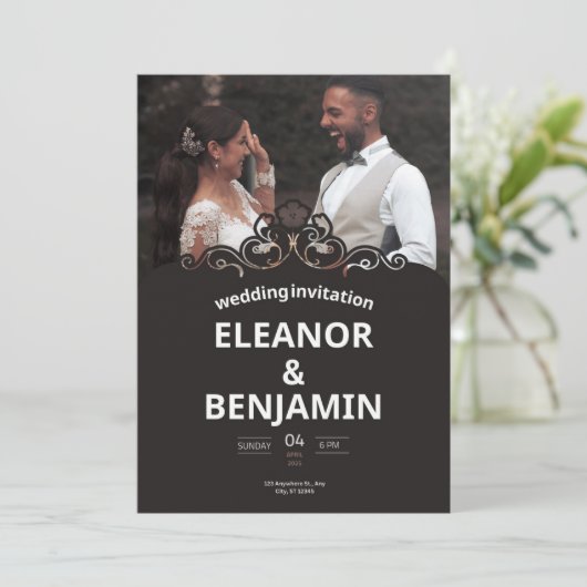 Eenvoudige witte en bruine bruiloft kaart (Staand voorkant)