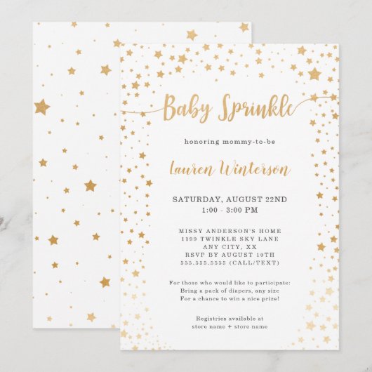 Eenvoudige Witte en Gouden Ster Baby Sprinkle Kaart (Voorkant / Achterkant)