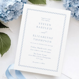 Eenvoudige witte en stoffige blauwe bruiloft kaart