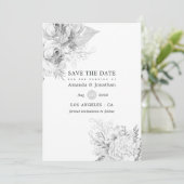 Eenvoudige witte en zilveren vintage rozen trouwda save the date (Staand voorkant)