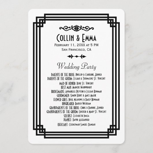 Eenvoudige Witte en Zwarte Art Deco Trouwprogramma Programmakaart (Voorkant)