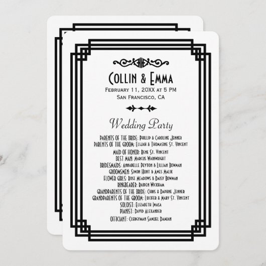 Eenvoudige Witte en Zwarte Art Deco Trouwprogramma Programmakaart (Voorkant / Achterkant)