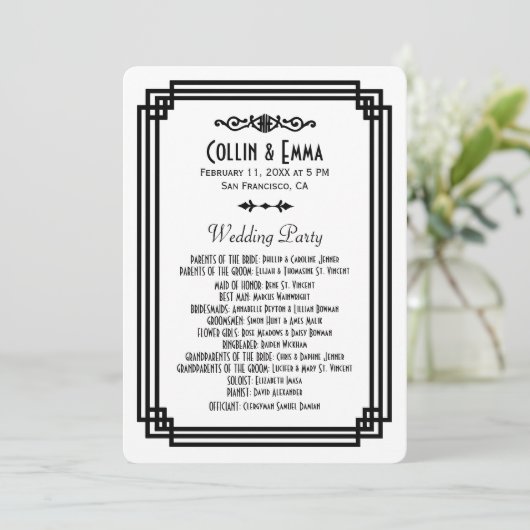 Eenvoudige Witte en Zwarte Art Deco Trouwprogramma Programmakaart (Staand voorkant)