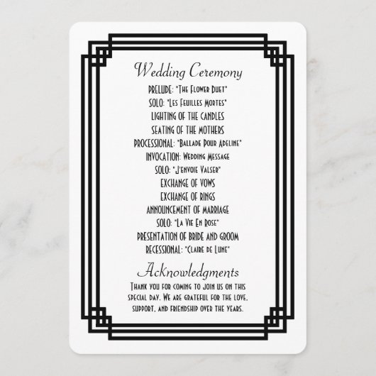 Eenvoudige Witte en Zwarte Art Deco Trouwprogramma Programmakaart (Achterkant)