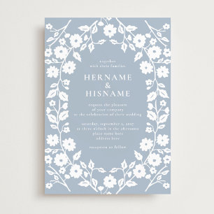 Eenvoudige Witte Folk Bloemen Dusty Blue Wedding Kaart