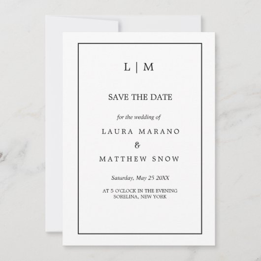 Eenvoudige Witte Formele Monogram Bruiloft Save The Date (Voorkant)