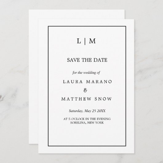 Eenvoudige Witte Formele Monogram Bruiloft Save The Date (Voorkant / Achterkant)