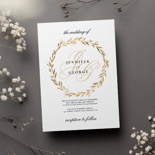 Eenvoudige witte gouden bladmonogram-huwelijksinit kaart