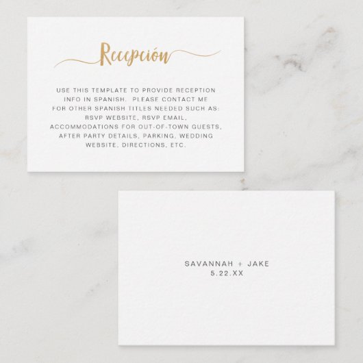 Eenvoudige witte gouden ontvangst informatiekaartje (Voorkant / Achterkant)