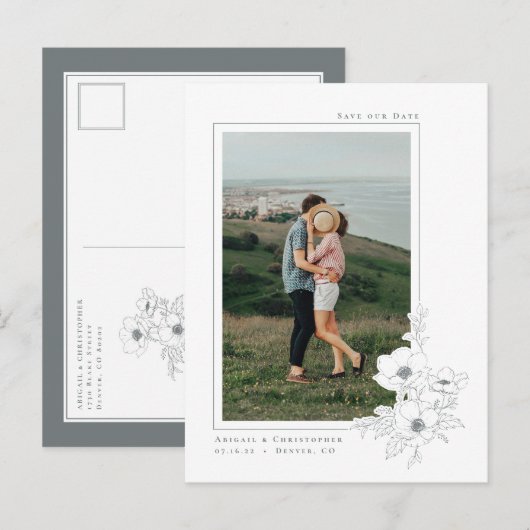 Eenvoudige Witte Grijze Anemoon Bloem Kunst Trouwk Aankondigingskaart (Voorkant / Achterkant)