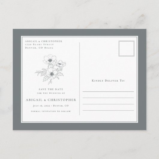 Eenvoudige Witte Grijze Anemoon Bloem Kunst Trouwk Aankondigingskaart (Achterkant)