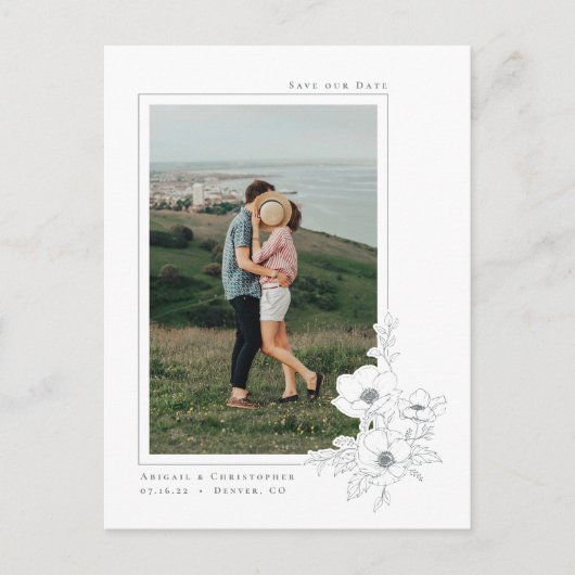 Eenvoudige Witte Grijze Anemoon Bloem Kunst Trouwk Aankondigingskaart (Voorkant)