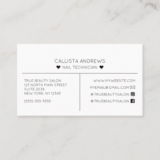 Eenvoudige witte harten typografie Nail Tech Visitekaartje (Achterkant)
