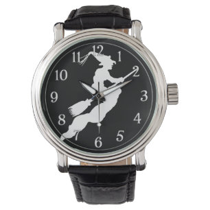 Eenvoudige witte heks Silhouette Black Horloge