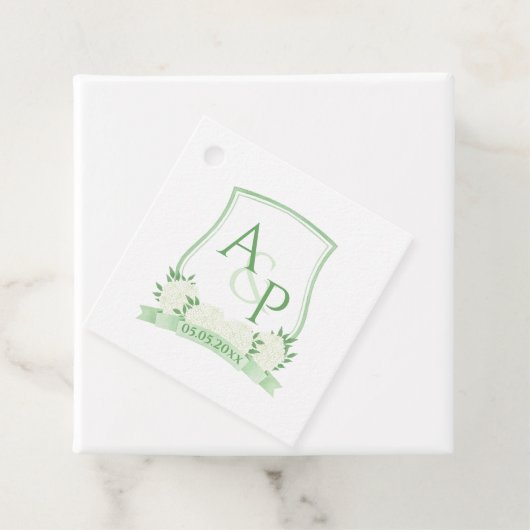 Eenvoudige witte hydrangeas Greenery Wedding Crest Bedankjes Labels (In situ)