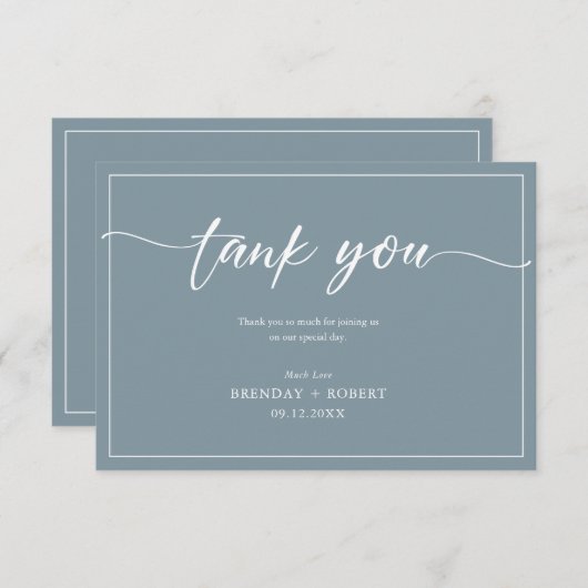 Eenvoudige witte kalligrafie op blauw-grijs dank u bedankkaart (Voorkant / Achterkant)
