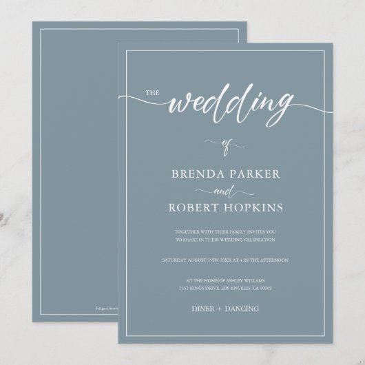 Eenvoudige witte kalligrafie op blauw-grijze achte kaart (Voorkant / Achterkant)