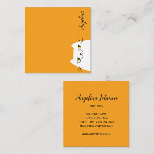 Eenvoudige Witte Kat Cartoon Funny Yellow Vierkante Visitekaartje (Voorkant / Achterkant)