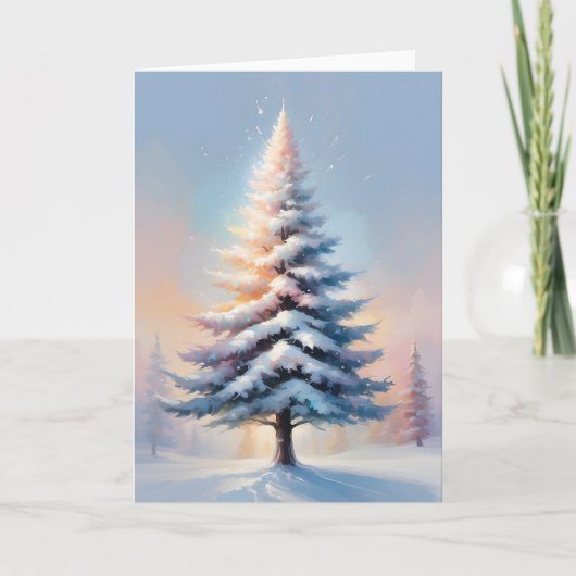 Eenvoudige witte kerstpijnboom op een zonnige dag feestdagen kaart (Voorkant)