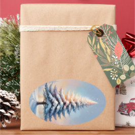 Eenvoudige witte kerstpijnboom op een zonnige dag ovale sticker