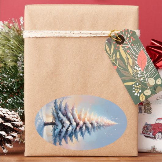 Eenvoudige witte kerstpijnboom op een zonnige dag ovale sticker (Feestdagen)