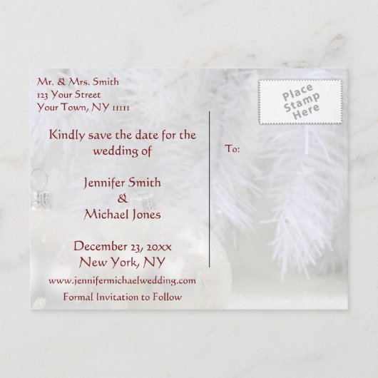 Eenvoudige witte kerstwinter Save the Date Aankondigingskaart (Achterkant)