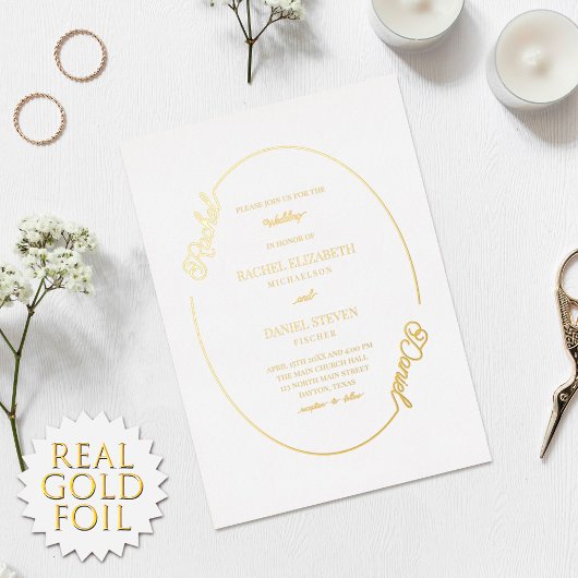 Eenvoudige witte naam Oval Border Wedding Real Folie Uitnodiging