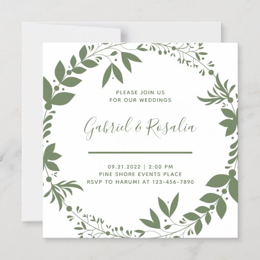 Eenvoudige witte & olijfgroene krans Elegante brui Magnetische Uitnodiging (Voorkant)