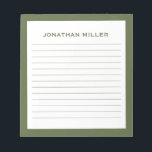 Eenvoudige witte olijfolie Typografische Naam Lank Notitieblok<br><div class="desc">Een professioneel notitieblok met een minimalistisch ontwerp in een olijfgroen en wit kleurenpalet. Aangepast monogram initiaal en naam op een eenvoudige witte achtergrond,  omgeven door een olijfgrens. Pas het gebruiken van de verstrekte gebieden aan of gebruik de "bericht"knoop om de ontwerper voor hulp te contacteren.</div>