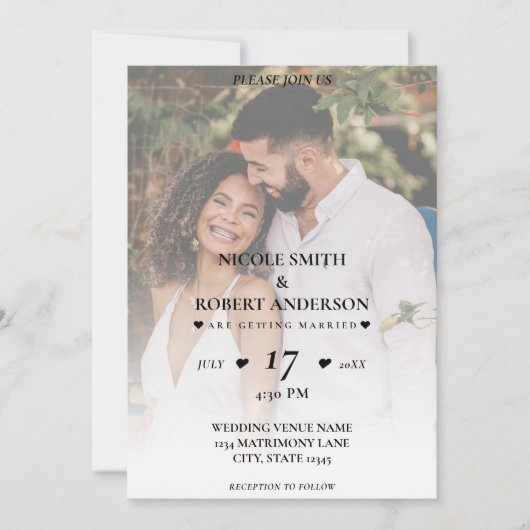 Eenvoudige witte ombre achtergrond foto bruiloft kaart (Voorkant)