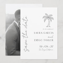 Eenvoudige witte palmboom bruiloft save the date