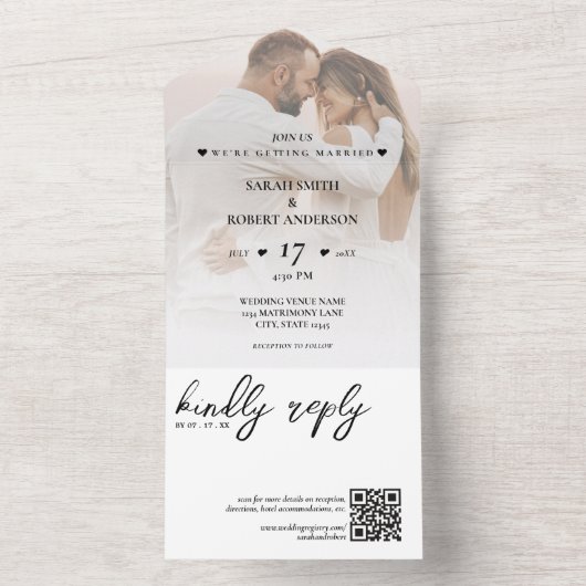Eenvoudige Witte Pas getrouwd Foto QR Code Bruilof All In One Uitnodiging (Binnen)