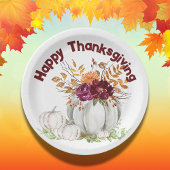 Eenvoudige Witte Pompoen & Bloemen Thanksgiving | Papieren Bordje