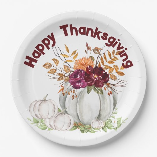 Eenvoudige Witte Pompoen & Bloemen Thanksgiving | Papieren Bordje (Voorkant)
