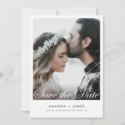 Eenvoudige, witte rand Elegant Script-foto Aangepa Save The Date (Voorkant)