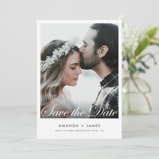 Eenvoudige, witte rand Elegant Script-foto Aangepa Save The Date (Staand voorkant)