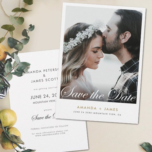 Eenvoudige, witte rand Elegant Script-foto Aangepa Save The Date