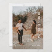 Eenvoudige witte script foto save the date kaart (Voorkant)