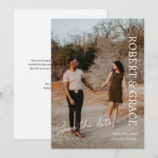 Eenvoudige witte script foto save the date kaart (Voorkant / Achterkant)